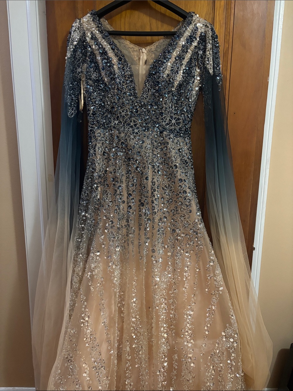 Embellished Ombre Long-Sleeve Evening Gown in Navy and Nude